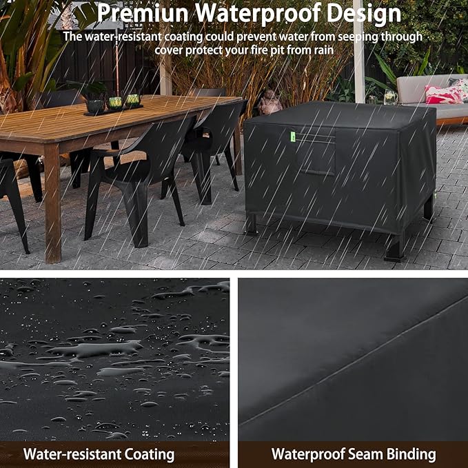 REDRICH Fire Pit Cover Square – Heavy Duty Outdoor Firepit Cover, Full Coverage Patio Outdoor Fireplace Cover, Dustproof Anti UV and Waterproof, 28’’L x 28’’W x 16’’H Black