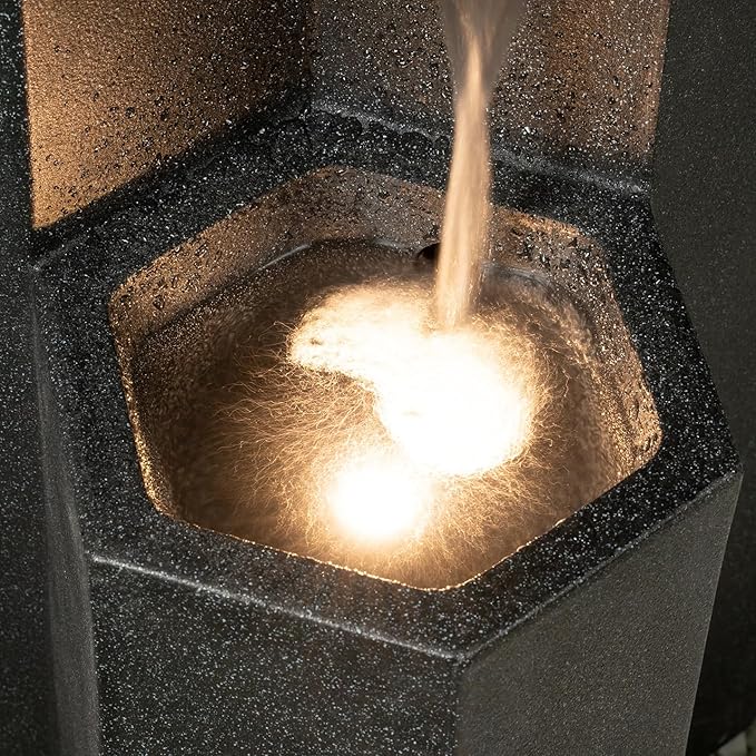 Puulye 27.95" H Outdoor Water Fountain Made with Eco-Friendly Recyclable Materials, Polyethylene Cascading Waterfall Fountain, Garden Waterfall Decor with LED Light & Pump for Patio, Backyard