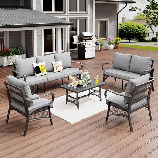 5 Piece Patio Furniture Set, 7 Seat Metal Outdoor Sectional Sofa Set with Thick Cushions, All Weather Patio Conversation Set with Coffee Table for Garden, Porch, Lawn, Grey
