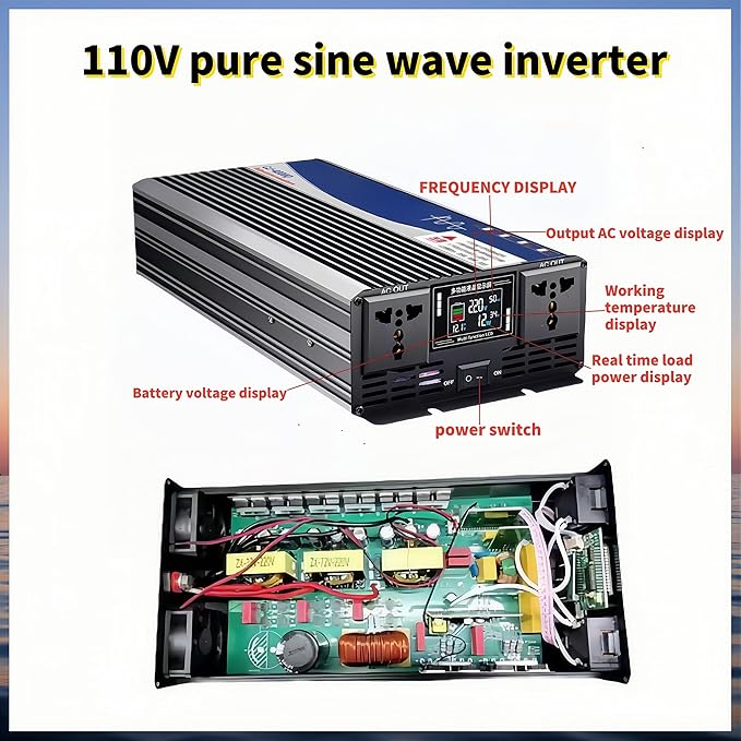 3500W Power Inverter 60V DC to 110V AC Converter with LED Display Dual AC Outlets Dual Fans Radiating for RV, Camp, Boat and Home Emergency Portable Pure Sine Wave Inverter (Smart Screen, 3500W 60V)