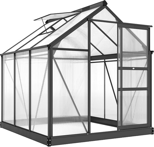 Outsunny 6' x 6' Greenhouse for Outdoors, Polycarbonate Greenhouse with Rain Gutter and Roof Vent, Aluminum Walk-in Green Houses for Outside for Patio Backyard Garden, Gray