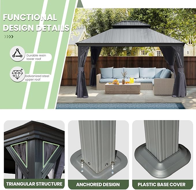 Domi 12' X 14' Hardtop Gazebo, Upgraded Metal Gazebo with Dual-Layer Resin Roof, Drainage System, Curtain and Netting, Outdoor Shelter Canopy for Patio, Garden, and Backyard, Grey