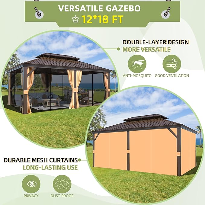 MELLCOM 12'x18' Hardtop Gazebo,Galvanized Steel Metal Double Roof Gazebos with Curtain and Netting, Brown Permanent Pavilion Canopy with Aluminum Frame for Patios,Gardens,Lawns