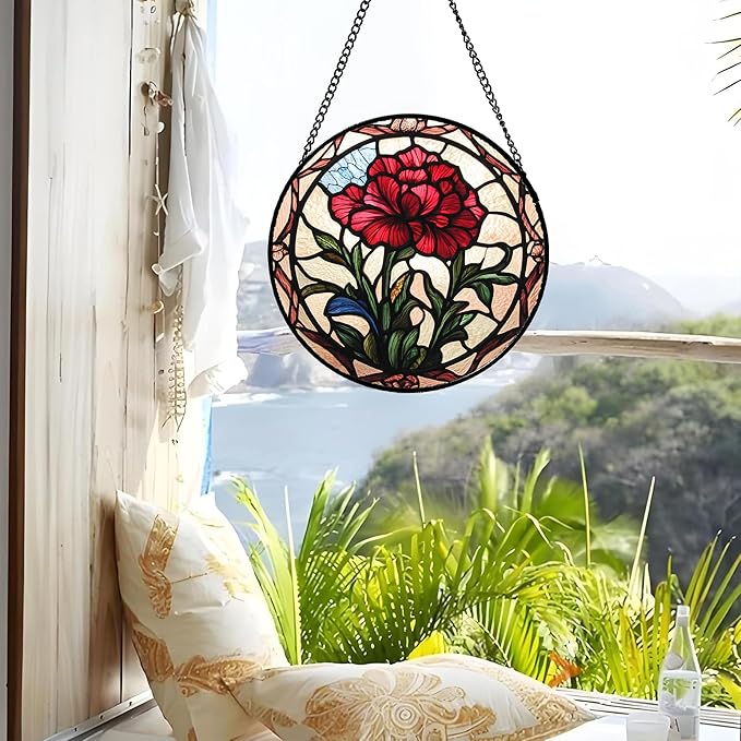 AMDERVEN Stained Glass Window Hanging - Red Carnation Birth Flower Sun Catcher for Door Garden Home Decor Suncatcher Christmas Mother's Day Birthday Gifts for Women Men Mom Nana Friend Wife 7.8 in