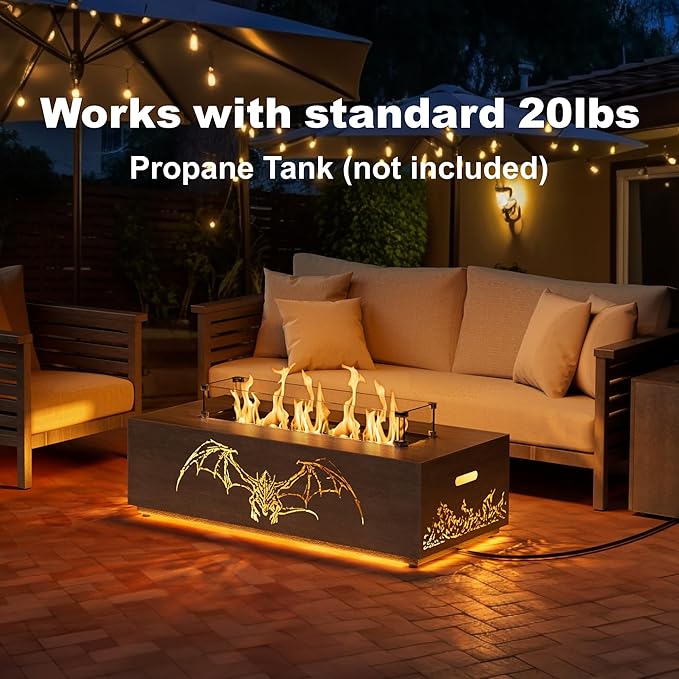 42" Propane Fire Pit table with LED Light - 50,000 BTU with Wind Guard, Lid, Rocks and Cover - Gas Fire Pits for Outside Patio - Fire Pit Tables for Outside Patio (Grey/Dragon Cutout, 42" LED)