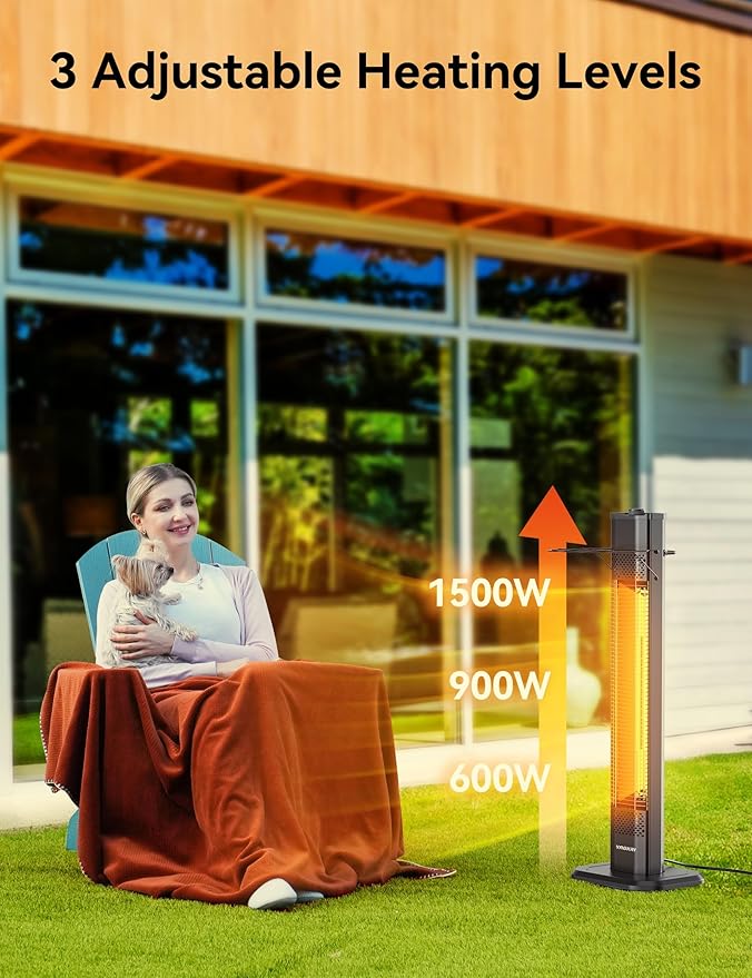 VAGKRI Outdoor Electric Patio Heater, 1500W Dual Carbon Tube 36-inch Infrared Heater, Tip-Over & Overheat Protection,1S Instant Heat, IPX5 Waterproof, Tower Space Heater for Patio, Backyard & Garage