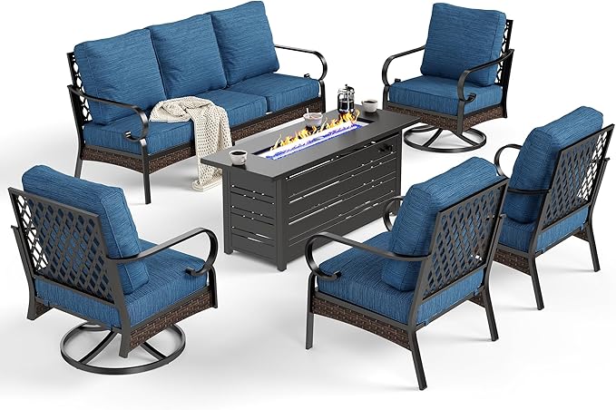6 Piece Black Metal Outdoor Patio Furniture Sets with Firepit Table, Patio Conversation Sets 1 3-Seater Sofa, 2 Leg Sofa and 2 Swivel Sofa with 5.75" Cushion for Backyard Deck, Blue-2