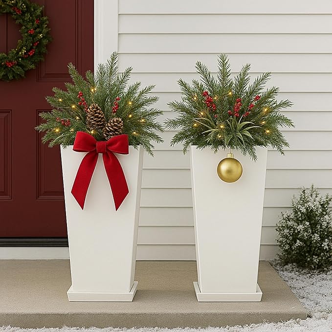 FENCY Set of 2 Tall Planters for Outdoor Plants, 24 Inch Large Tapered Pots with Drainage Trays, Weather-Resistant Plastic Plant Containers for Patio, Porch, Garden, Front Door Decor,White