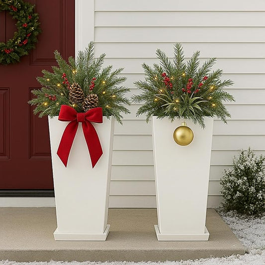 FENCY Set of 2 Tall Planters for Outdoor Plants, 24 Inch Large Tapered Pots with Drainage Trays, Weather-Resistant Plastic Plant Containers for Patio, Porch, Garden, Front Door Decor,White