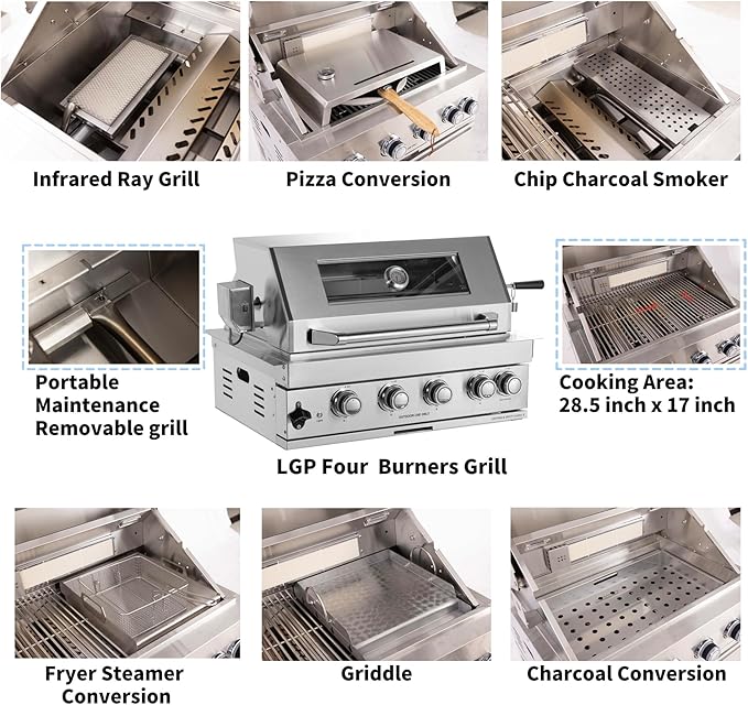 Built in Gas Grill Outdoor: 13 pcs Drop in Propane Gas Grills 32 inch BBQ 4 Burner 60000 BTU Stainless Island Barbecue Cooking Station with inserts Sink Drawer Door Rotisserie Kit Complete Set