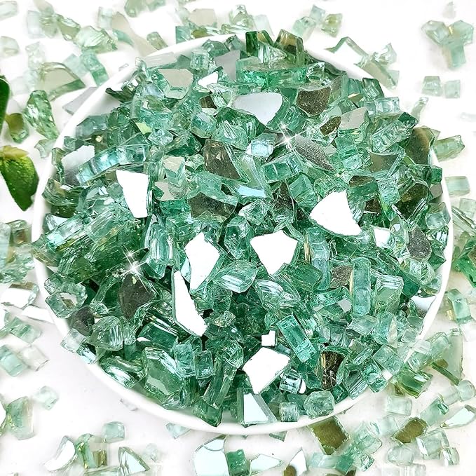 Fire Glass for Propane Fire Pit, 1/4 Inch High Reflective Fireplace Glass Rocks for Fire Pit Table, 20 lbs Fire Pit Glass Rocks for Outdoor Fire Table and Landscaping, Light Green