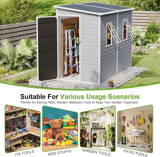 4x8 FT Plastic Storage Sheds Outdoor with Floor and Openable Window, Lean to Resin Shed Easy to Install, Compact Sheds & Outdoor Storage/Tool Shed for Garden & Backyard, Gray