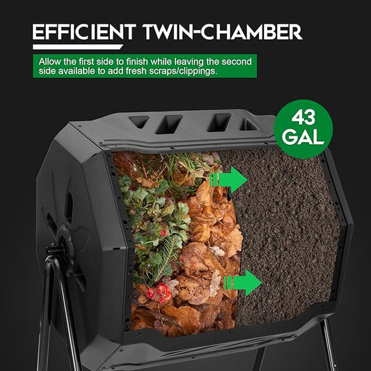F2C Compost Bin Outdoor 43 Gallon Garden Dual Chamber Composter Bin - Bundled with Pearson's Gardening Gloves，BPA Free, Heavy-Duty Steel Frame, Rotating Tumbler with Sliding Doors | (Black)