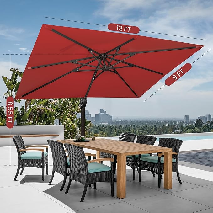 9' X 12' Cantilever Patio Umbrella with Base Included Rectangular Outdoor Large Offset Umbrellas with 7 Tilts Adjustable 360°Rotation for Deck Pool Garden Backyard, Red