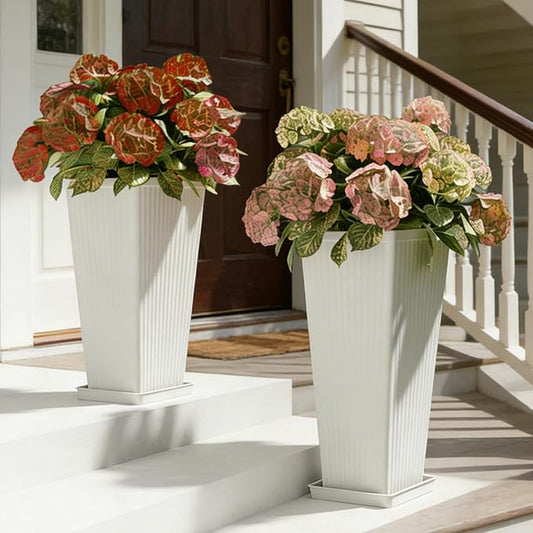 Square Tall Planters for Outdoor Plants Set of 2-23.6" Modern Tapered Indoor Flower Pots with Drainage Holes/Partition/Tray, Large Outdoor Planters for Porch Patio Garden Front Porch, White