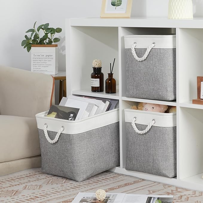 Bidtakay Large Storage Baskets for Organizing 3-Pack Fabric Closet Organizers Storage Bins with Handles 16x11.8x11.8 In Collapsible Baskets for Shelves Cloth Home Organization L-White&Grey