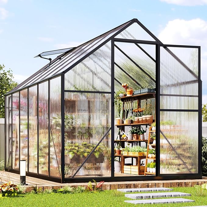 Jocisland 6x12x6.3 FT Polycarbonate Walk-in Greenhouse with Dual Doors and Roof Vents, Outdoor Garden Greenhouse, Black