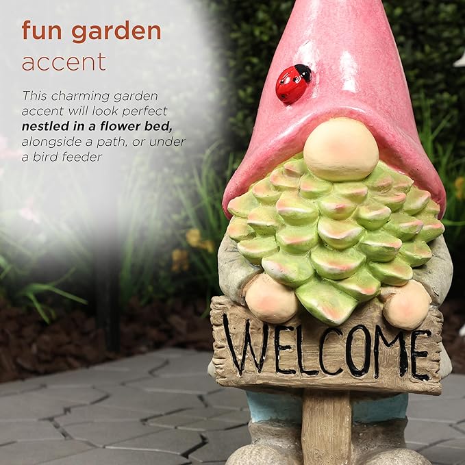 Alpine Corporation 19" Tall Outdoor Red Hat Holding “Welcome” Sign Gnome Statue, Stylish Weatherproof Garden Decor