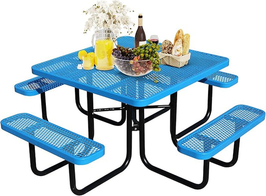 46Inch Square Picnic Table for 8 Person, Outdoor Heavy Duty Sturdy Picnic Tables with 4 Benches & Umbrella Hole, Commercial Metal Patio Picnic Table for Garden, BBQ, Coffee Store, Party, Porch (Blue)