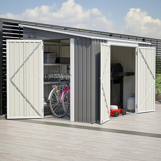8x6 FT Outdoor Storage Shed W/Adjustable Lockable Double Side Doors,Metal Shed W/Floor Frame & 2 Air Vents,Garden Tool House W/Updated Frame Structure,for Backyard Patio Lawn,Gray