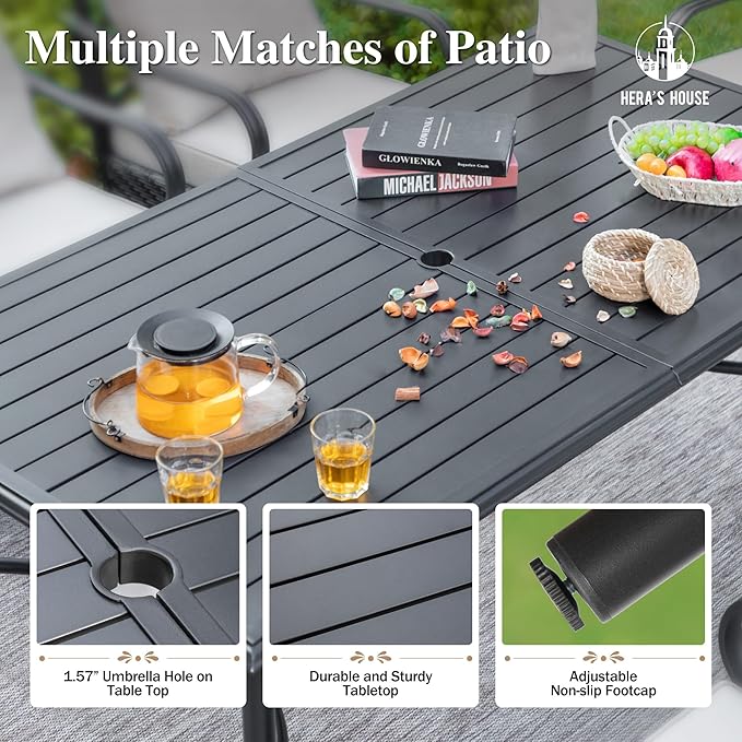 HERA'S HOUSE Patio Table and Chairs for 6, Outdoor Dining Set 7 Pieces, 67" Rectangle Metal Table with Elegant Armrest Chairs for Garden Backyard