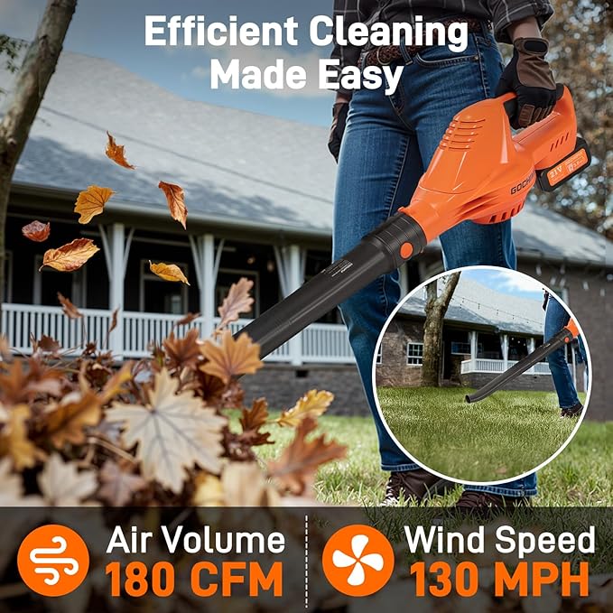 Leaf Blower Cordless, 2 * 21V 3.0Ah Battery and Charger, 5 Speed Levels, Lightweight 180 CFM 130 MPH Electric Powered Blower w/Extension Tube for Patio Lawn Care, Leaf Dust Blowing