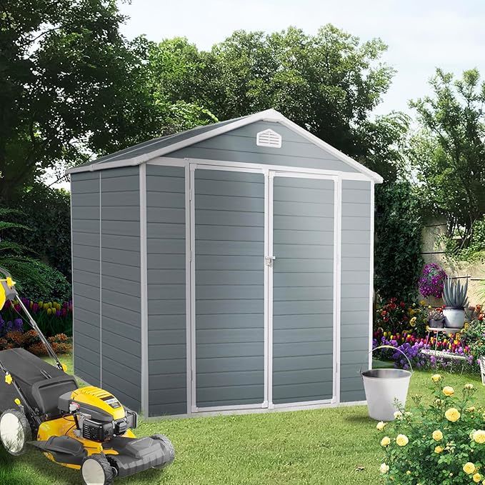6 ft x 8 ft Resin Outdoor Storage, Plastic Garden Sheds with Floor and Lockable Door for Backyard, Lawn, Grey