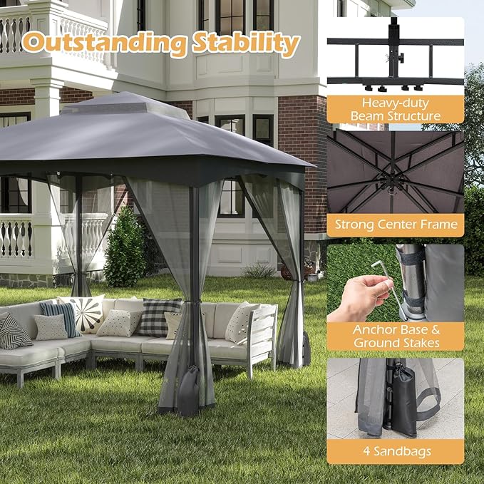 Tangkula 10x10 FT Outdoor Gazebo with Netting, Double Roof Patio Shelter with 4 Sandbags, Zippered Doors, Heavy-Duty Metal Frame, Metal Patio Gazebo for Yard Garden Lawn (Grey)