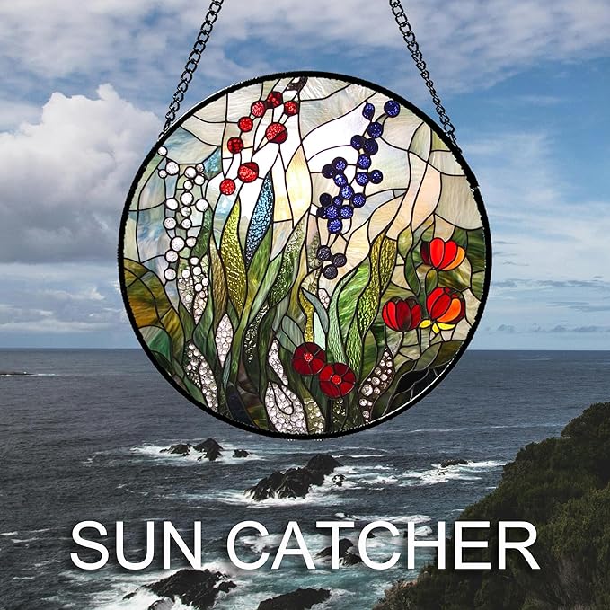 QZQCBLC Stained Glass Window Hanging Red Purple Flowers Berry Green Plants 9.8" - Suncatcher Door Garden Sun Catcher Home Decor Birthday Christmas for Mom Men Woman Friend