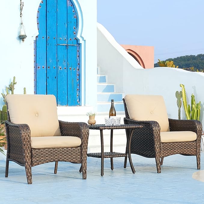 Rilyson Patio Tables Outdoor Coffee Table - Wicker Rattan Side Tables with 2-Tier Storage Shelf End Table for Porch Deck Balcony Garden Outside Square Brown