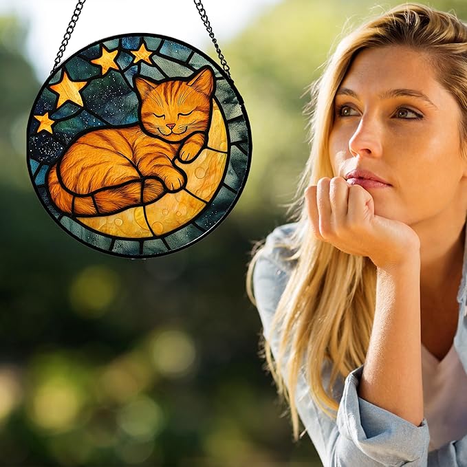 AMDERVEN Stained Glass Window Hanging - Orange Cat Sun Catcher for Door Home Decor Stars and Moon Suncatcher Christmas Mother's Day Birthday Loss of a Pet Gifts for Women Men Mom Nana 7.8 in