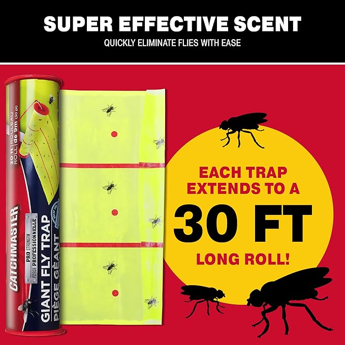 Catchmaster Giant Fly Glue Trap 1-Pack 30 Feet Each, Adhesive Fly Traps Outdoor, Sticky Bug Catcher, Bulk Flying Insect Paper Roll, Pest Control for Garage, Barn, Greenhouse & Garbage Room