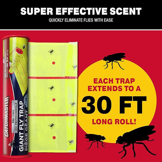 Catchmaster Giant Fly Glue Trap 3-Pack 30 Feet Each, Adhesive Fly Traps Outdoor, Sticky Bug Catcher, Bulk Flying Insect Paper Roll, Pest Control for Garage, Barn, Greenhouse & Garbage Room