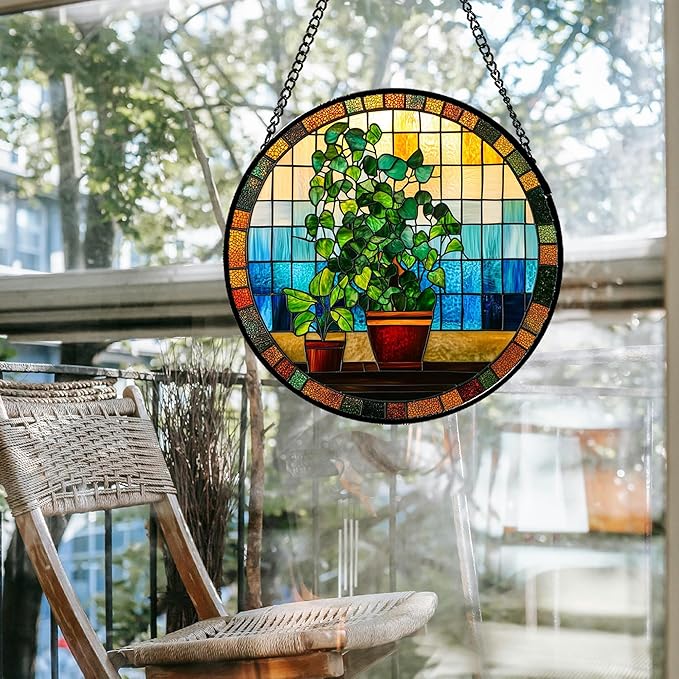 QZQCBLC Stained Glass Window Hanging Green Potted Plants 6.3" - Suncatcher Door Garden Sun Catcher Retro Home Decor Birthday Christmas for Mom Men Woman Nana Friend