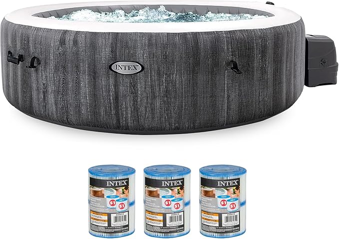 INTEX PureSpa Plus Greywood 6 Person Inflatable 85" Round Hot Tub Bubble Jet Spa and Easy Set Type S1 Replacement Filter Pump Cartridges (6 Pack)