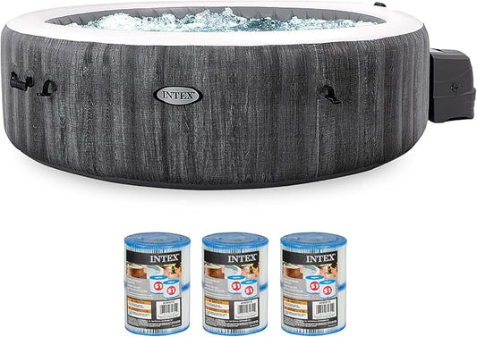 INTEX PureSpa Plus Greywood 6 Person Inflatable 85" Round Hot Tub Bubble Jet Spa and Easy Set Type S1 Replacement Filter Pump Cartridges (6 Pack)
