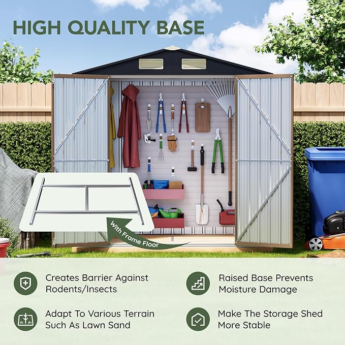 6x4 FT Outdoor Metal Storage Shed, Double Doors,with Frame Floor,Tool Shed for Garden, Patio, Backyard Brown