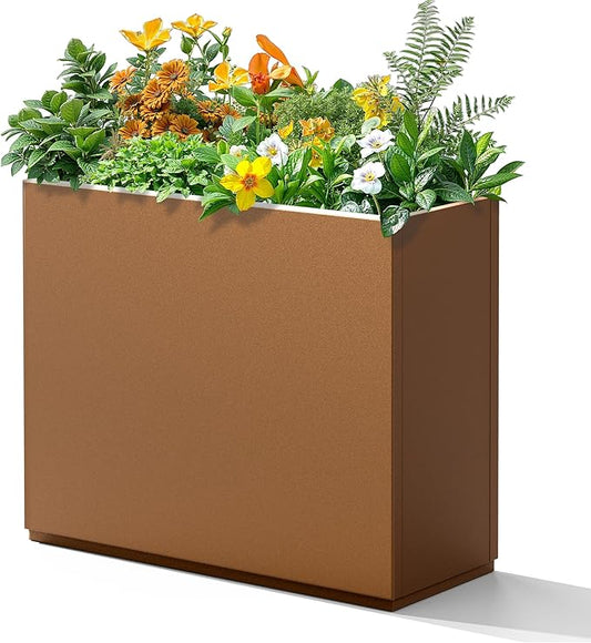 Rectangle Planter for Indoor & Outdoor, Tall and Long Planter Boxes with Drainage Holes, Mental Divider Planter Box All-Weather Use for Plants, Flowers, 29.9" L x 12" W x 24" H, Brown