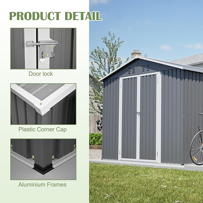 8x12 FT Metal Outdoor Storage Shed,Garden Shed W/ 2 Reversible Lockable Doors & Updated Frame Structure,Outdoor Backyard Tool House W/ 4 Air Vents & Sloped Roof,for Patio,Lawn,Grey