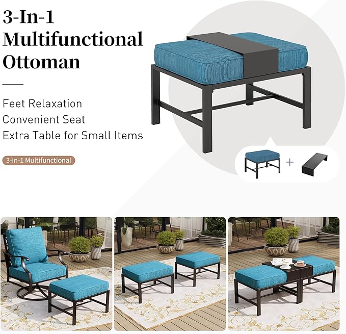 5 Piece Metal Outdoor Patio Furniture Set, Patio Conversation Sets 3-seater Sofa, 2 Fixed Chair, 2 Ottomans with 5.75" Thick Cushion, Black All-weather Frame Backyard Furniture, Blue-2