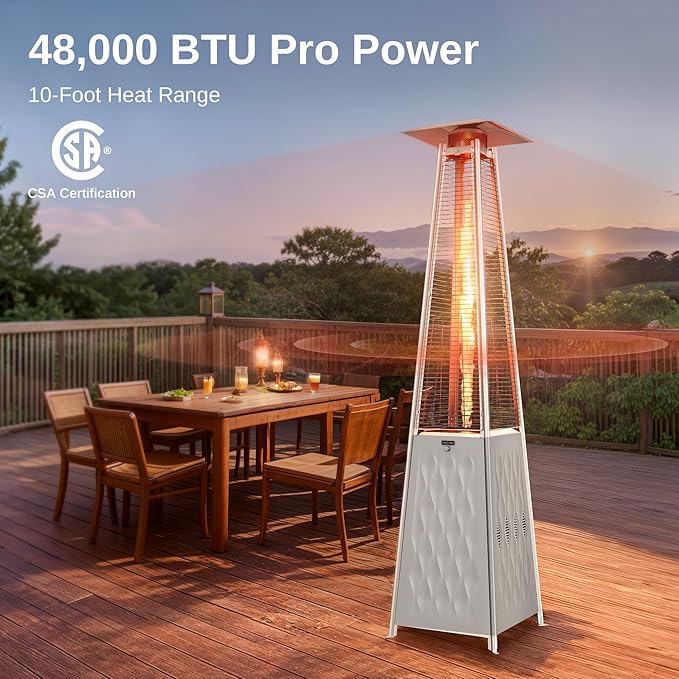 EAST OAK Pyramid Patio Heater, 48,000 BTU Outdoor Patio Heater, Quartz Glass Tube Propane Heater for Commercial & Residential, Triple Protection System, With Wheels, 2024 Upgrade, Champagne White