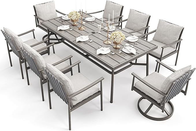 HAPPATIO 9-Piece Patio Table and Chairs Set for 8, Aluminum Outdoor Dining Set with Cushions, 6 Dining Chairs and 2 Swivel Chairs, 1 Large Rectangular Table with Umbrella Hole,Grey