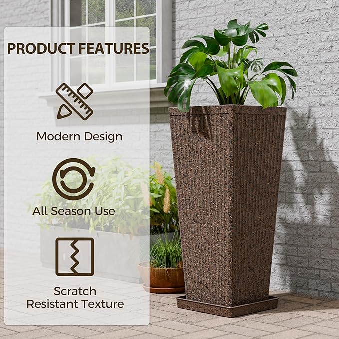 Tapered Tall Planters for Outdoor Plants 2 Pack- 23.6 Inch Heavy-Duty Classic Square Indoor Flower Pots with Drainage Holes/Partition/Tray, Large Outdoor Planters for Porch Patio, Brown