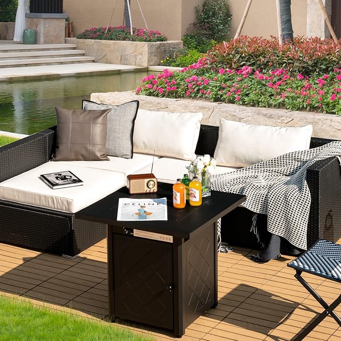 Tangkula 28 Inches Outdoor Propane Fire Pit Table, Patiojoy 50,000 BTU Patio Gas Fire Pit Table, 2-in-1 Square Auto-Ignition Fire Table with Lid and Lava Rocks for Backyard, Party