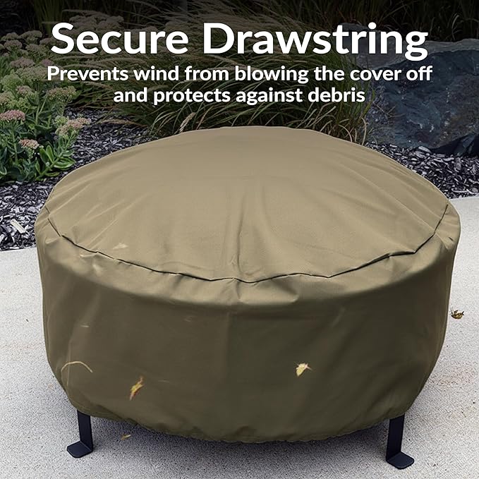 Sunnydaze Heavy-Duty Weather-Resistant Round Fire Pit Cover with Drawstring and Toggle Closure, Khaki PVC, 60 Inch Diameter