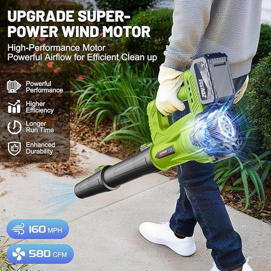 Leaf Blower Cordless with 2 x 4.0 Ah Battery and Charger, 160MPH/580CFM High Power Lightweight Handheld Electric Snow Blower with 2 Extended Tubes for Lawn, Yard, Leaves, Dust, Snow Care (Green)
