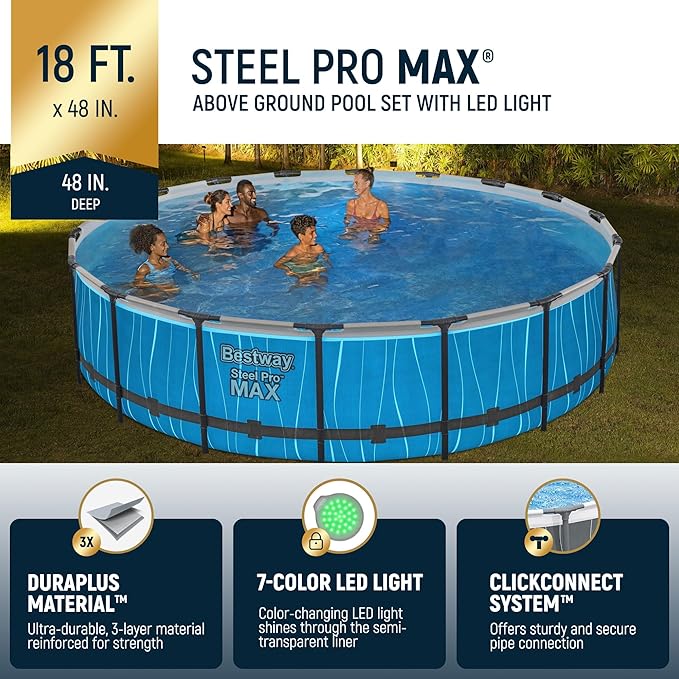 Bestway Steel Pro MAX 18 Foot x 48 Inches Metal Frame Above Ground Round Swimming Pool Set with LED Light, Remote Control, Ladder, and Pool Cover