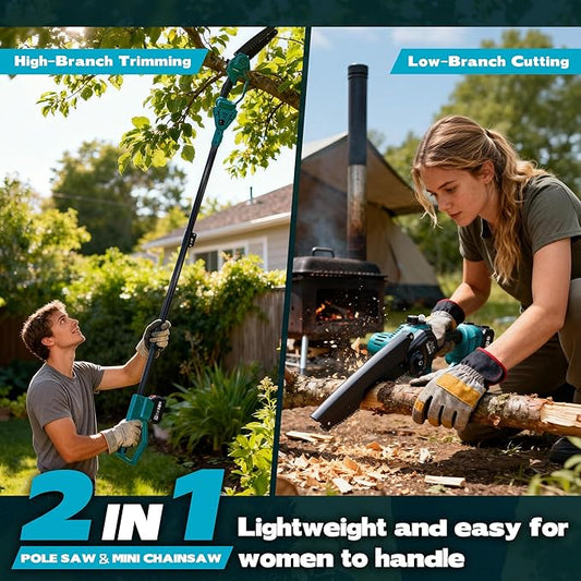 Autubin 2-in-1 Cordless Pole Saw & Mini Chainsaw, 8'' Electric Handheld Chain Saw with Extension Pole for Tree Trimming, with 2 * 4.0Ah Batteries, 550W Brushless Motor, Auto Oiling, 15FT Max Reach