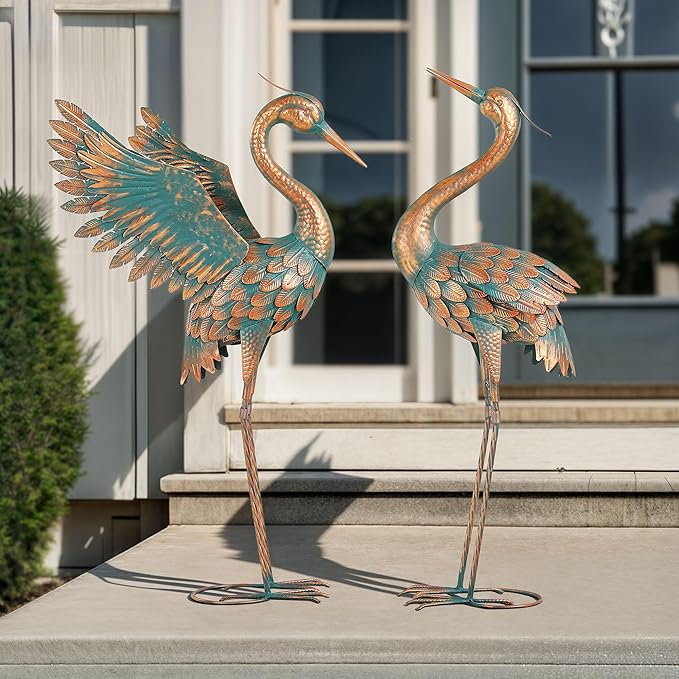 Ultym Extra-Large 36.8" Metal Crane Garden Statue, Handcrafted Blue Heron Decor Sculptures with Stable U-Ground Stakes, Backyard Decoration, Metal Garden Bird Animal Yard Art, Lawn Ornament Decor