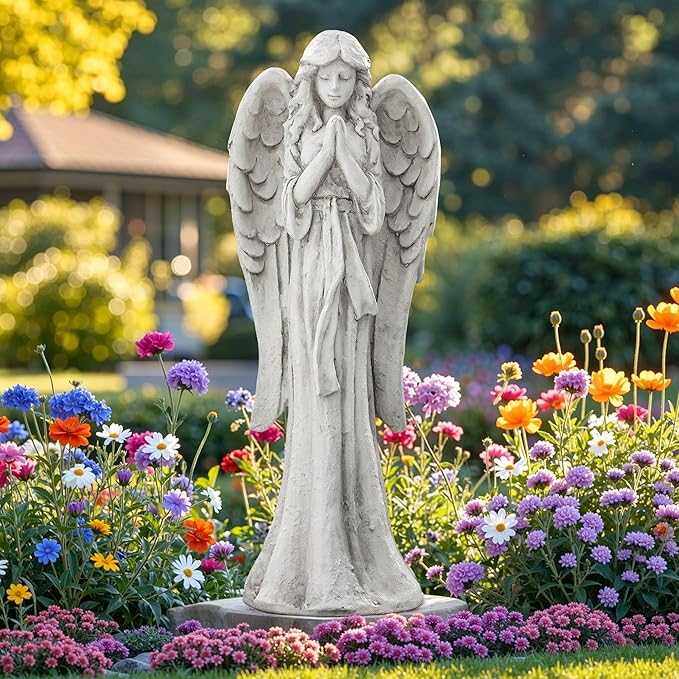 Ultym Praying Angel Statue for Outdoor Garden, 26.4 Inch Large Heavenly Memorial Sculpture,Durable MGO Stone Standing Angels for Yard, Patio or Cemetery Decor,Offering Comfort & Peace, Antique White